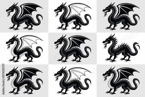 Grid Pattern Featuring Nine Black Dragon Illustrations with Varying Wing Designs and Gray Backgrounds