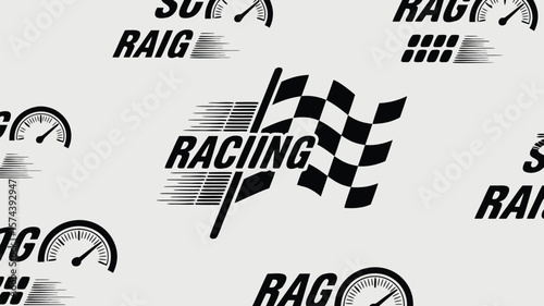 Racing Themed Pattern Featuring Checkered Flags, Speedometers, and Typography on a Light Gray Background