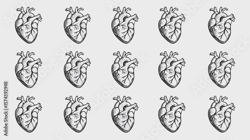 Repeating Anatomical Heart Illustration Pattern on Light Gray Background Medical Art Concept