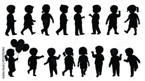 Silhouette Collection of Children Walking, Playing, and Holding Balloons in Varied Poses