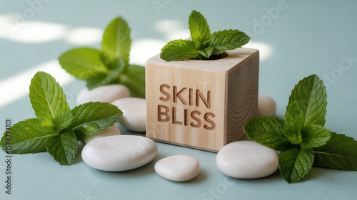 Wallpaper Mural Skin bliss block surrounded by mint leaves and white stones on a light blue surface display shot Torontodigital.ca