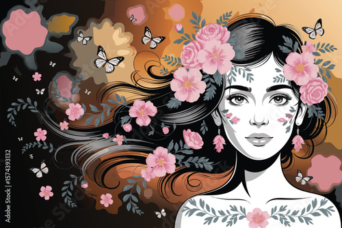 Woman with Pink Flowers, Butterflies, and Foliage Tattoo Art Illustration for Design Projects