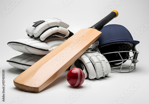 Wallpaper Mural Cricket kit arrangement featuring a wooden cricket bat with a black grip, positioned diagonally.  Torontodigital.ca