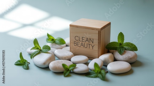 Wallpaper Mural A wooden block with clean beauty text surrounded by stones and mint leaves on a light blue surface Torontodigital.ca