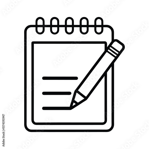 Notebook and pencil icon for writing and note taking isolated on white background