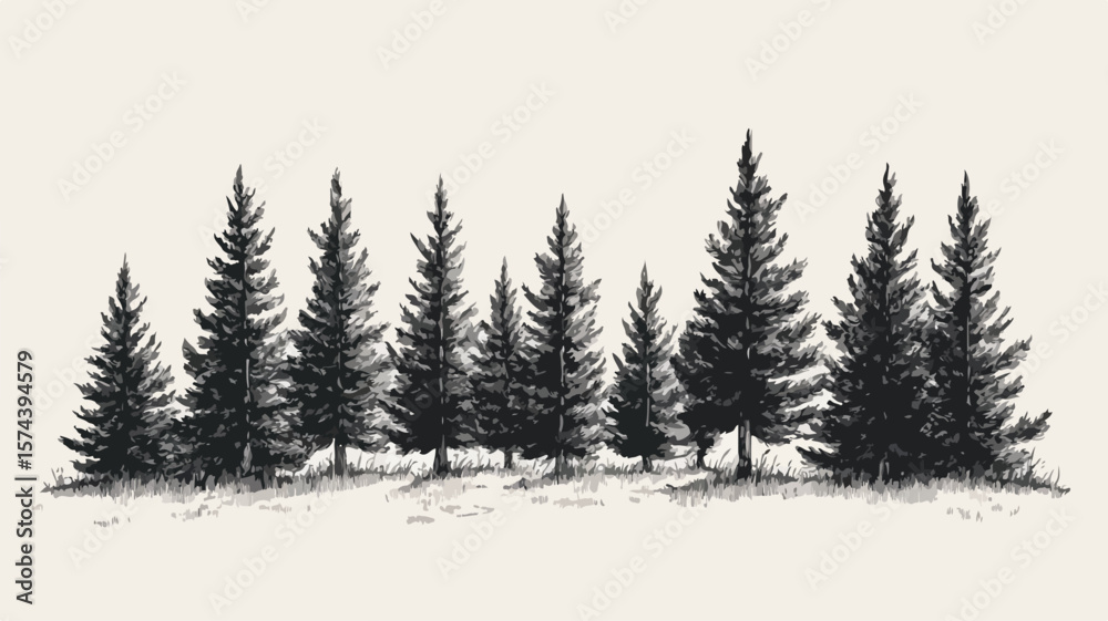 Fototapeta premium Serene Pine Forest Landscape Engraved Style