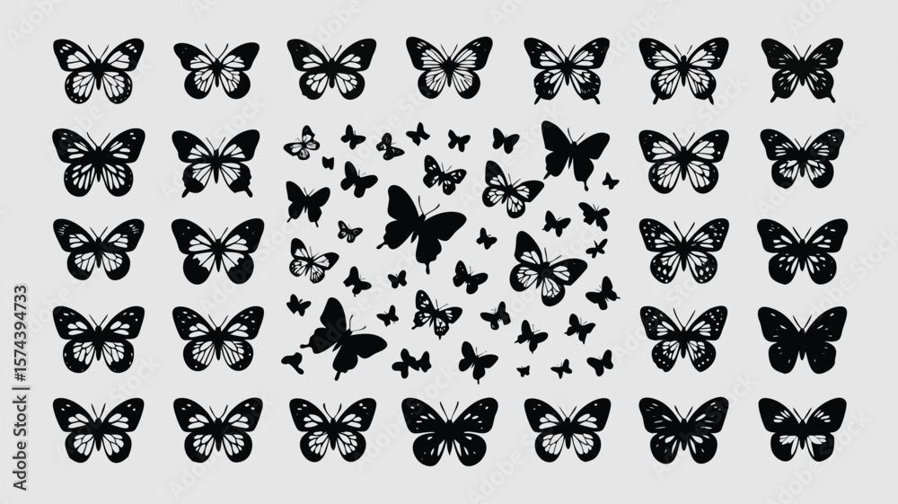 Naklejka premium Assorted Black Butterfly Silhouettes in Rows and Clusters Against Light Background Illustration