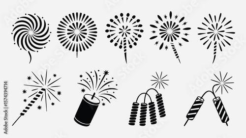 Assorted Black and White Fireworks Icons Pyrotechnics, Sparklers, Firecrackers, and Celebratory Explosions on White Background