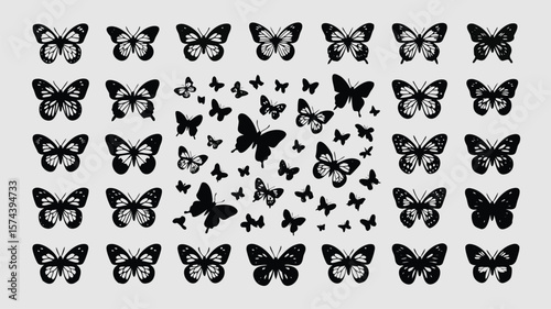 Assorted Black Butterfly Silhouettes in Rows and Clusters Against Light Background Illustration