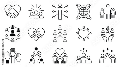 Black and White Outline Icons of Community, Teamwork, Collaboration, and Support Concepts