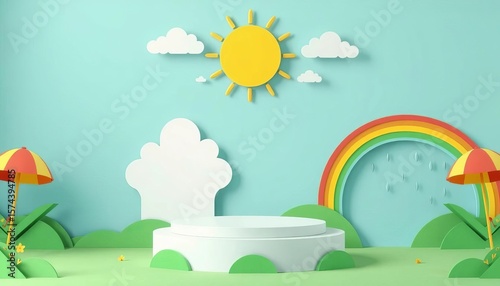 Summer paper cut banner; green, white cylinder podium, sun, clouds, rainbow, rain drops, product display, vector illustration,  cylinder,  element