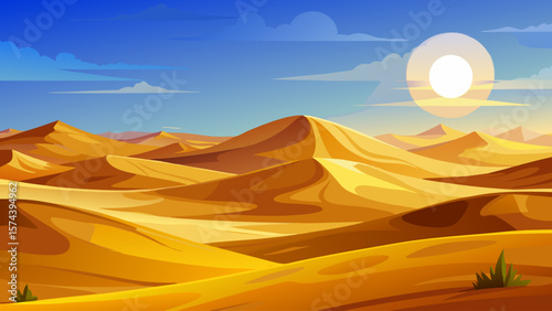 Sahara Desert, Morocco – Endless golden sands ripple under scorching sun. Sparse desert shrubs and blue sky create minimalistic, ethereal landscape for vector composition.