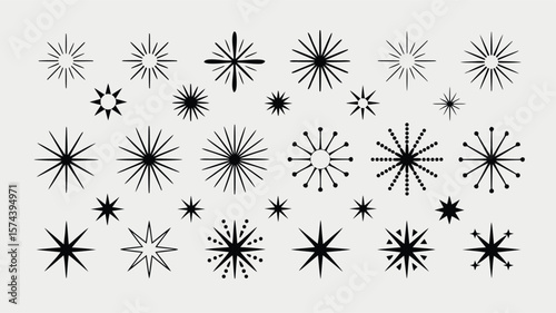 Collection of Abstract Starburst Shapes and Geometric Sun Illustrations on an OffWhite Background