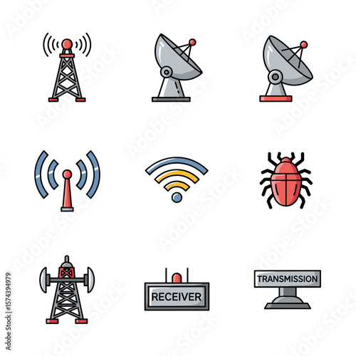 Antennae Icon Set in Detailed Technical Style