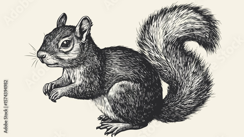 Vintage Squirrel Woodcut Engraving in Black and White Style