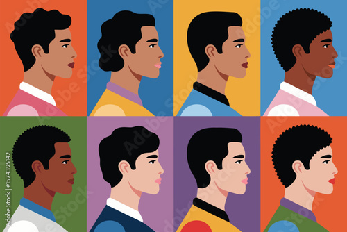 Colorful Illustration of Diverse Young Men Portraits in Profile Against Varied Backgrounds with Different Outfits