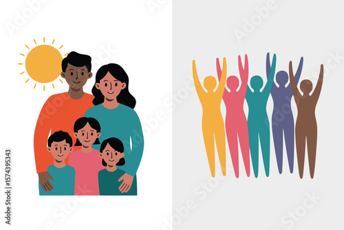 Depiction of a Loving Family Next to a Group of Diverse Raised Silhouettes