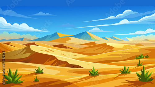 Sahara Desert, Morocco – Endless golden sands ripple under scorching sun. Sparse desert shrubs and blue sky create minimalistic, ethereal landscape for vector composition.