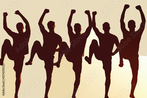 Five Men Silhouetted, Knee Raised and Fists Up, Against Light Background