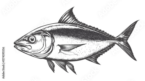 Vintage Tuna Fish Side View Woodcut Engraving