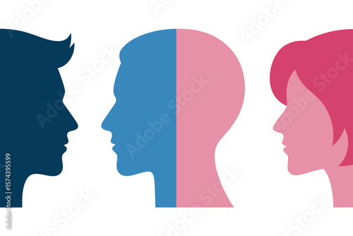 Gender Identity Representation Silhouetted Male and Female Profiles with Split Gender Head Symbolism on White