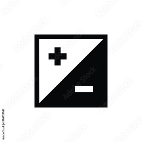 Minimalist black and white icon showing a square divided diagonally, featuring a plus sign in the white half and a minus sign in the black half. Ideal for science, electronics, or contrast design them