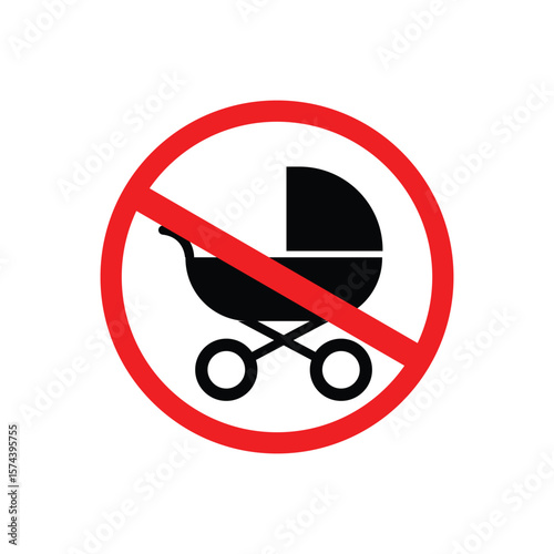 No baby stroller symbol in a red circle with a diagonal line, indicating restriction or prohibition. Clear and simple design suitable for signage, regulations, or public area notices.