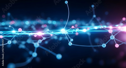 Digital network with glowing blue and pink nodes illustrates connectivity and information flow in cyberspace.