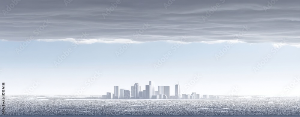 Fototapeta premium trauma Book Trauma Futuristic city skyline under a dramatic stormy sky with dark clouds and bright horizon, modern high-rise buildings in a snowy landscape, dystopian urban scene