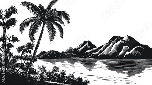 1950s Vintage Black White Tropical Woodcut Style Illustration for Adobe Stock Photos
