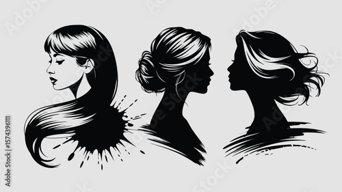 Three Silhouetted Female Profiles Displaying Different Hairstyles and Hair Lengths in Black and White Style