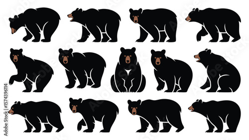 Twelve Representations of Black Bears in Various Poses, on a White Background