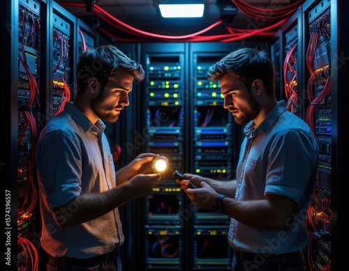 Two men are looking at a light bulb in a dark room