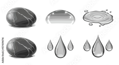 Illustration showing two stones water dome puddle and water drops in grayscale on a white background