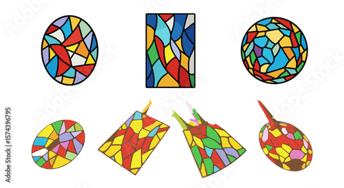 Illustration of stained glass windows in various shapes and colorful abstract patterns on white background