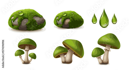 Illustration of mossy rocks with water droplets and green mushrooms on a white background display art