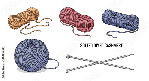 Illustration of various colored yarn skeins with knitting needles for a crafting project displayed