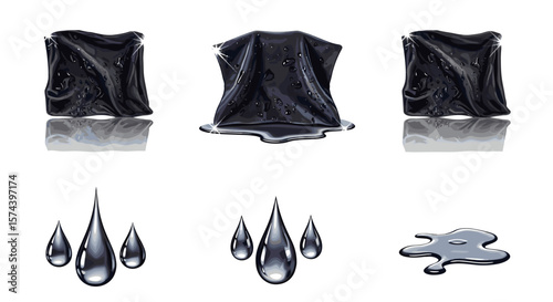 Three covered objects with liquid and two sets of three droplets with a single puddle below them