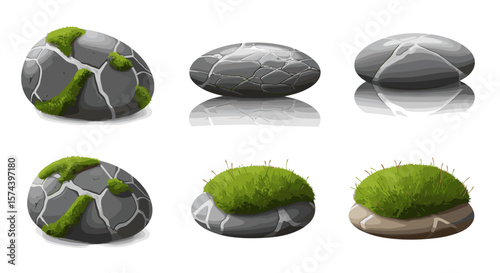Illustration of six stylized stones with cracks and moss in varying arrangements and conditions