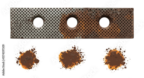 Close up of a rectangular metal plate with small holes and three larger holes with rust stains below it