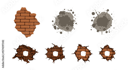 Illustration of damaged brick walls with holes and gray paint splatters on a white background design