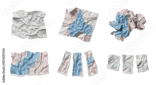 Collection of six crumpled paper sheets with varied shapes and color patterns displayed on white background