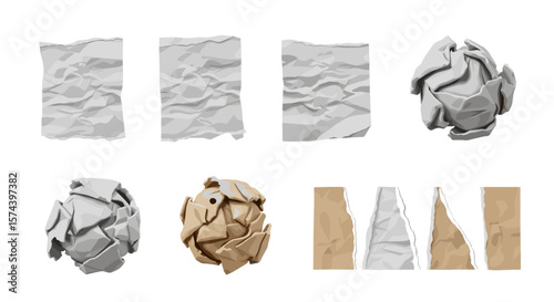 Collection of crumpled and torn paper pieces including white and brown textures on a white background