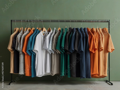 Assorted short sleeve shirts displayed on a clothing rack apparel fashion