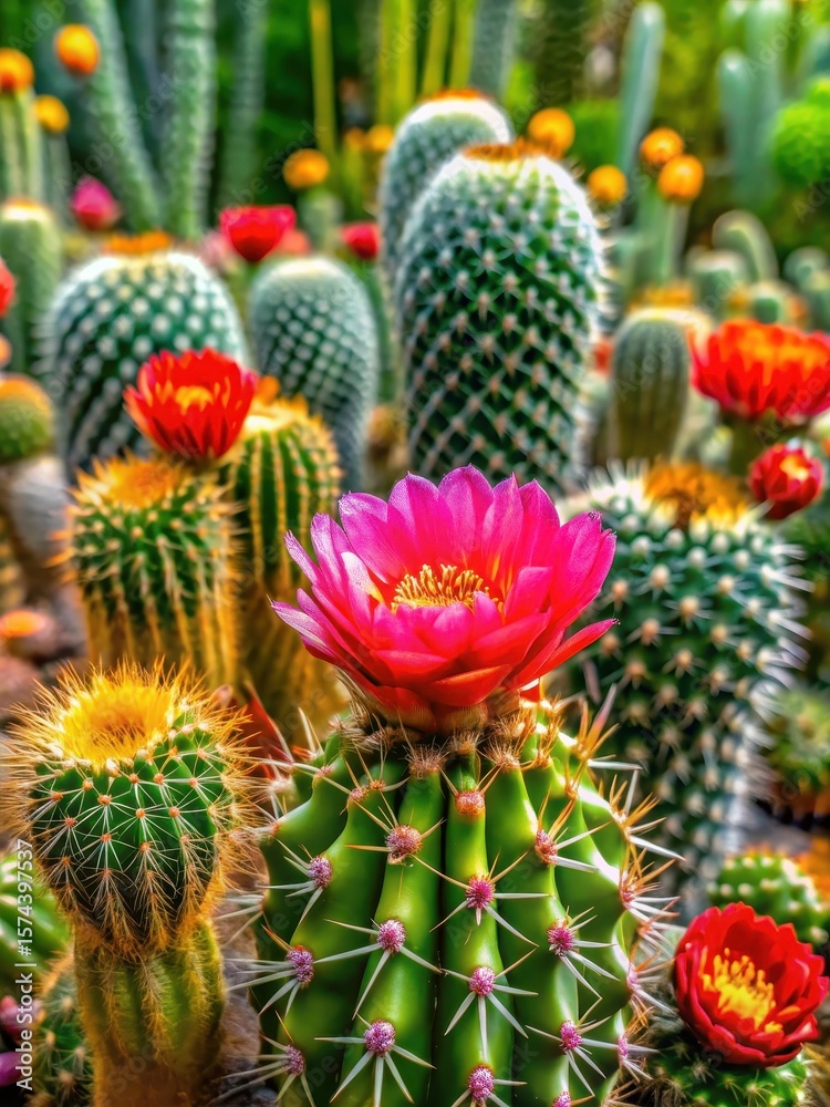 Fototapeta premium Prickly cactus plant with vibrant flowers and green leaves growing in a garden surrounded by other plants