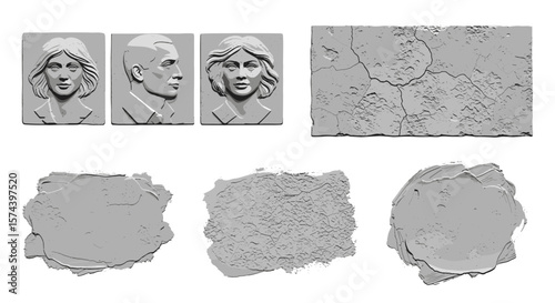 Bas relief portraits and textured surfaces of stone blocks in a grayscale arrangement shown above
