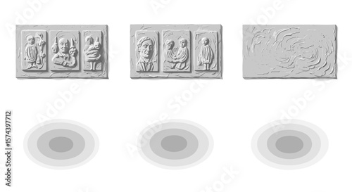 Three stone tiles displaying relief carvings and abstract texture with circular shadows underneath