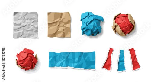 Various crumpled and torn paper pieces in different colors including red blue brown and gray shades seen from above