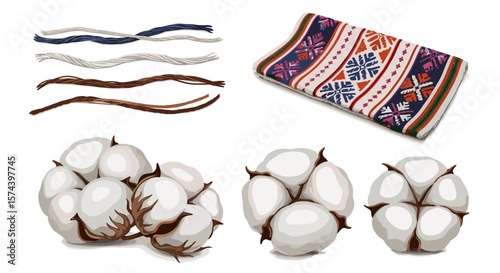Cotton bolls with threads and woven fabric featuring geometric patterns on a white background view