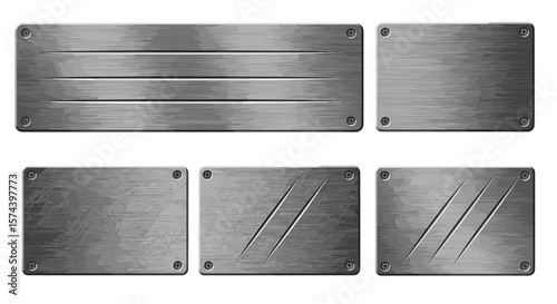 Collection of metal plates with different textures and patterns arranged on a plain white background